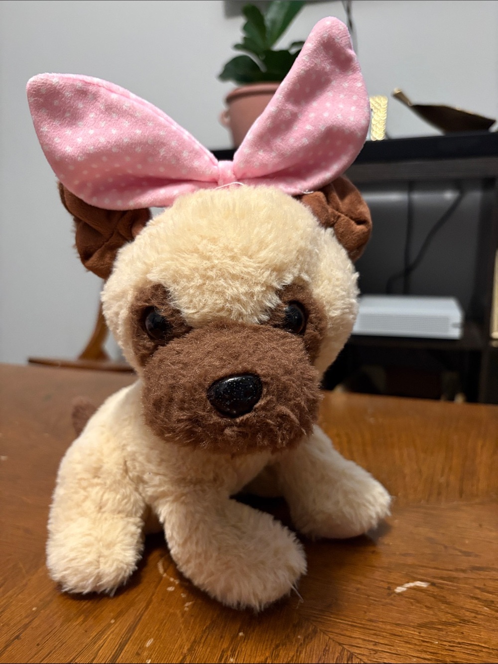 Plush Cream and Brown Puppy Toy with Pink Bow